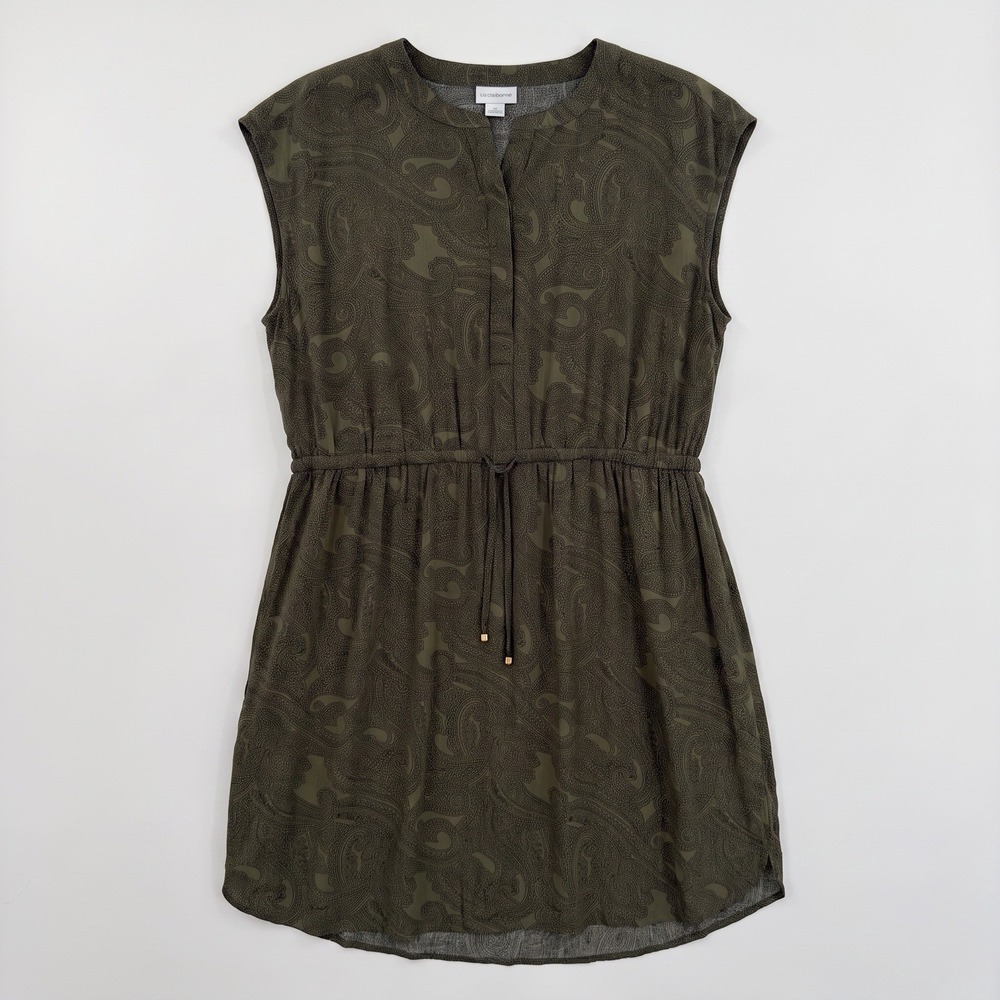 Paisley Shirt Dress Boho Safari Utility Olive Drawstring XXL Liz Clairborne